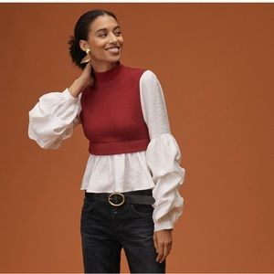 ANTHROPOLOGIE NWT Ruffled Layered Sweater/Blouse Combo Top in Wine